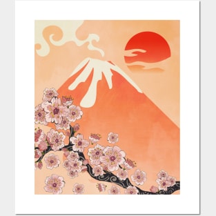 Sakura branch and volcano Posters and Art